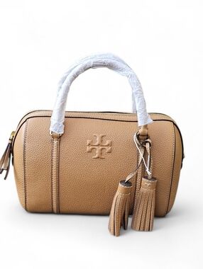 Tory Burch Thea Small Satchel Tan Leather Satchel with Tassel Charm